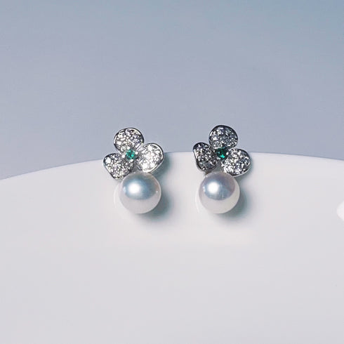 Floral Leaf Green Zirconia Pearl Earrings - Natural Beauty
